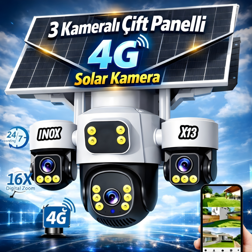 İnox Digital X13 AOV 4G E-Simli 3 Kameralı Güneş Enerjili Güvenlik Kamerası
