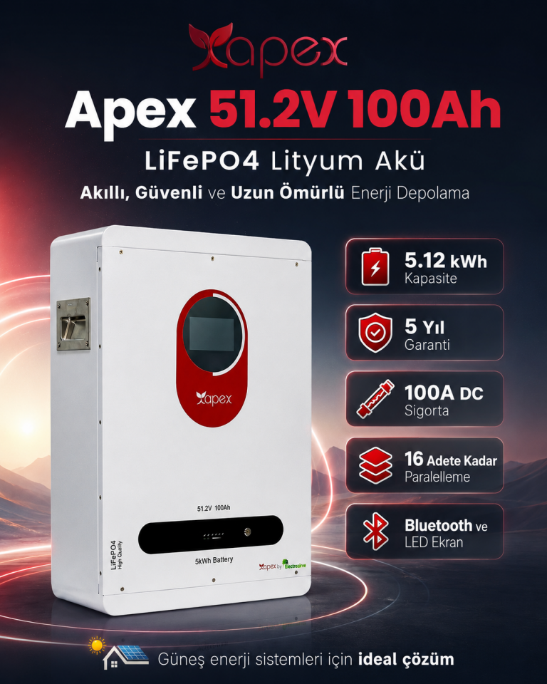 Apex 51.2 V 100 Ah LiFePO4 Duvar Tipi Lityum Akü