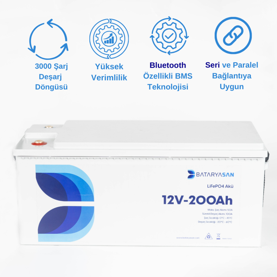 BATARYASAN 12V 200Ah Bluetooth Özellikli Lityum(LiFePO4) Akü